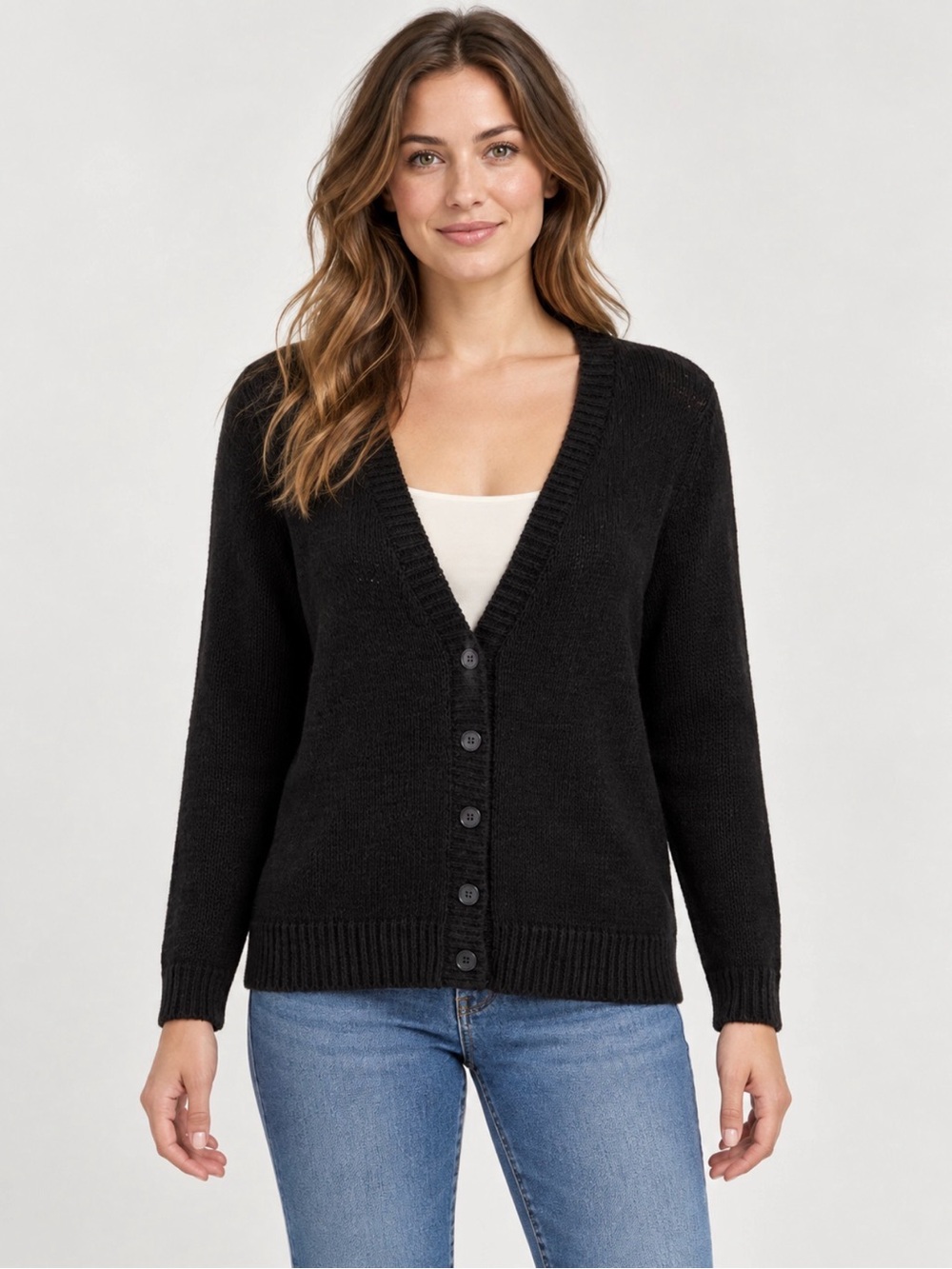 LOFT Black V-Neck Button Front Cardigan